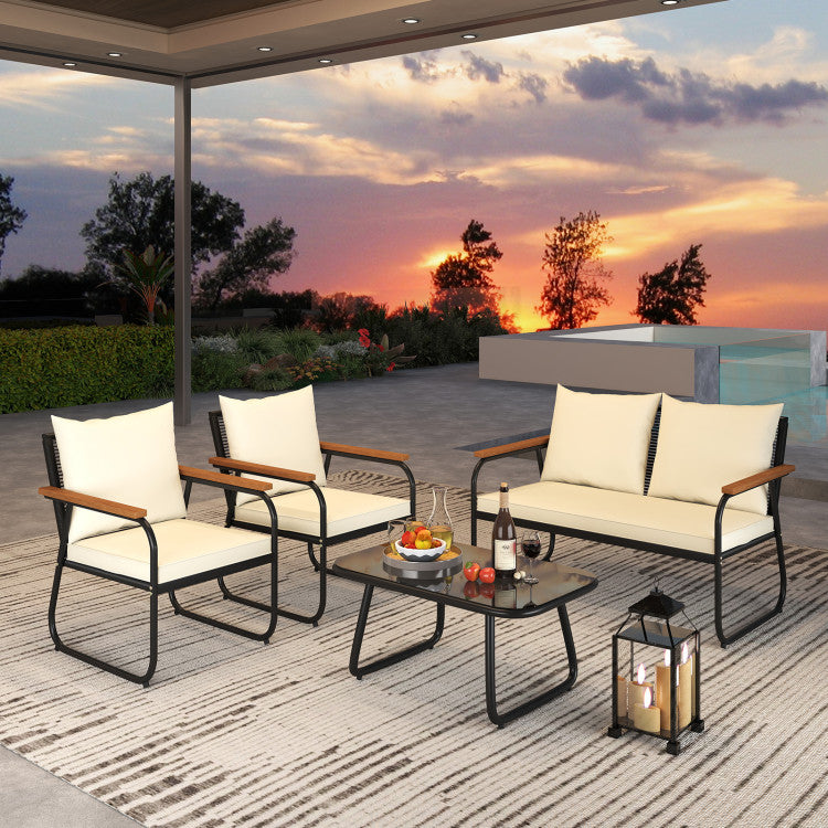 Outdoor 4 Pieces Patio Furniture Set with Tempered Glass Coffee Table