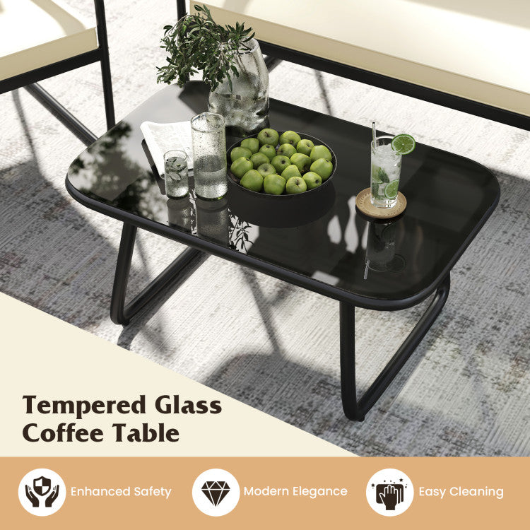 Outdoor 4 Pieces Patio Furniture Set with Tempered Glass Coffee Table