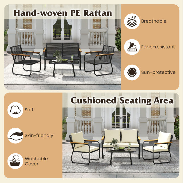 Outdoor 4 Pieces Patio Furniture Set with Tempered Glass Coffee Table