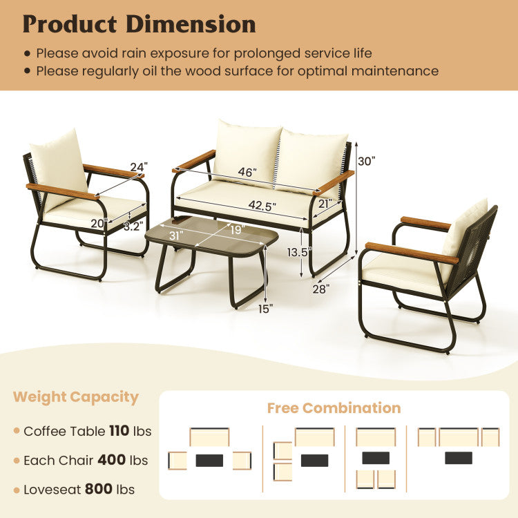 Outdoor 4 Pieces Patio Furniture Set with Tempered Glass Coffee Table