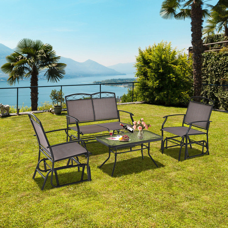 Outdoor 4 Piece Patio Glider Conversation Set with Tempered Glass Table Top