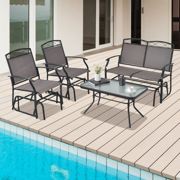 Outdoor 4 Piece Patio Glider Conversation Set with Tempered Glass Table Top