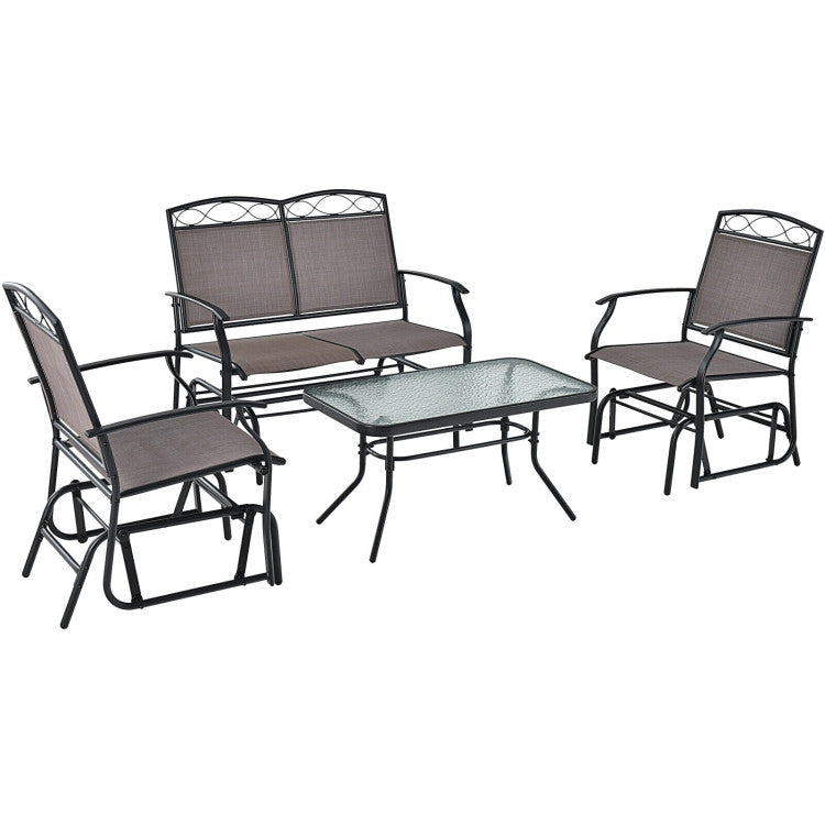 Outdoor 4 Piece Patio Glider Conversation Set with Tempered Glass Table Top