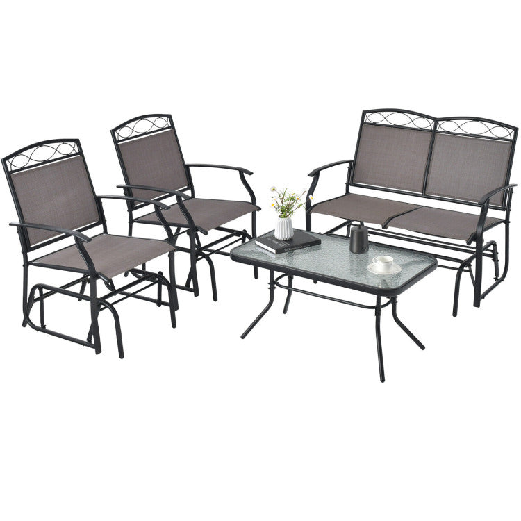 Outdoor 4 Piece Patio Glider Conversation Set with Tempered Glass Table Top