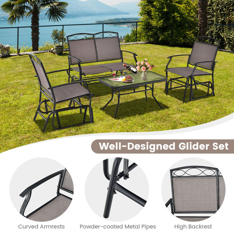 Outdoor 4 Piece Patio Glider Conversation Set with Tempered Glass Table Top