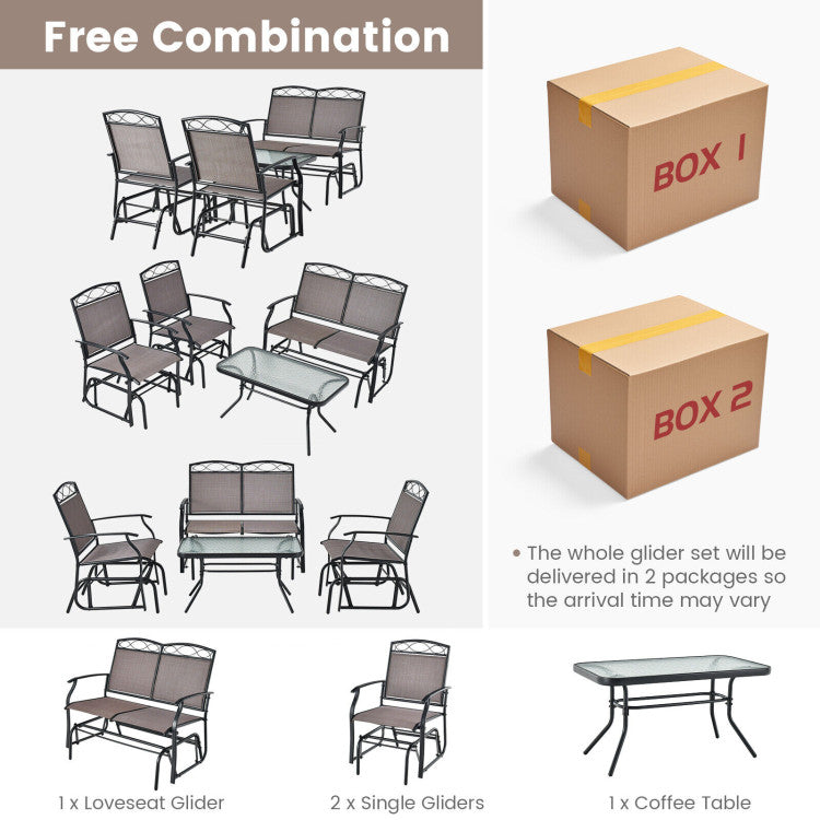 Outdoor 4 Piece Patio Glider Conversation Set with Tempered Glass Table Top
