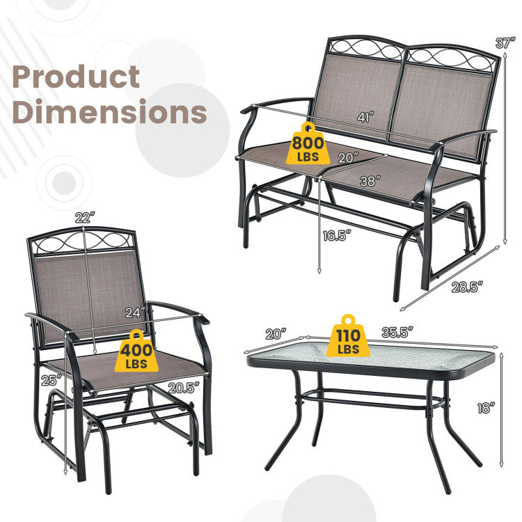 Outdoor 4 Piece Patio Glider Conversation Set with Tempered Glass Table Top