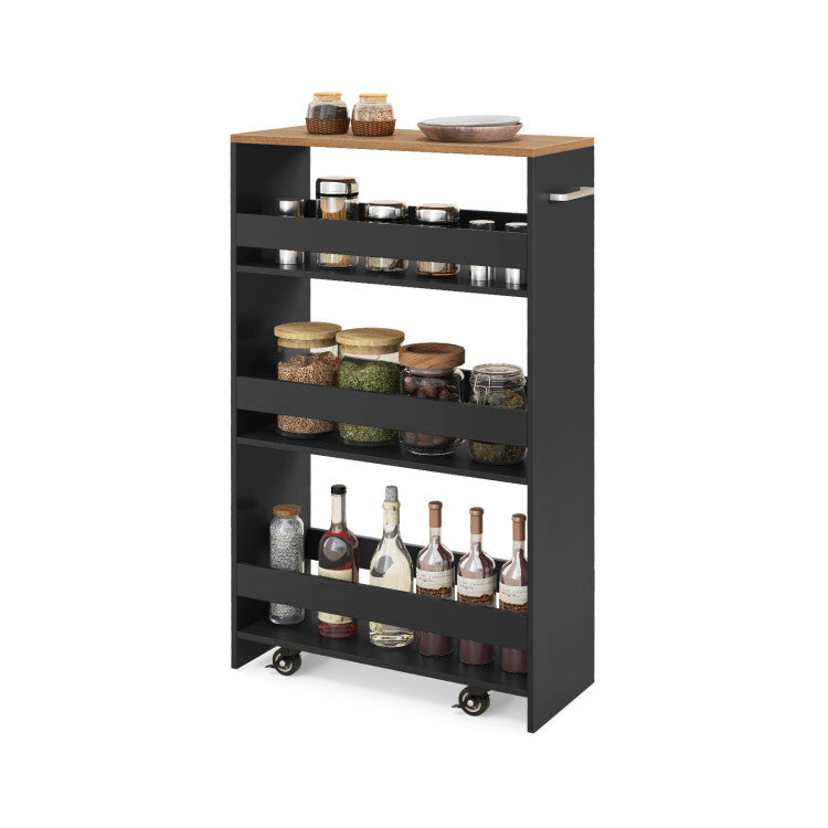 Modern 4-Tier Rolling Storage Cart Slim Kitchen Cart on Wheels with Open Shelves and Handle