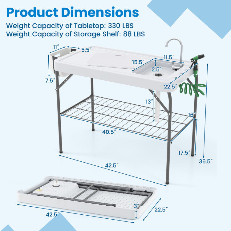 New Outdoor 2 in 1 Folding Fish Cleaning Table with Sink and Faucet for Patio BBQ