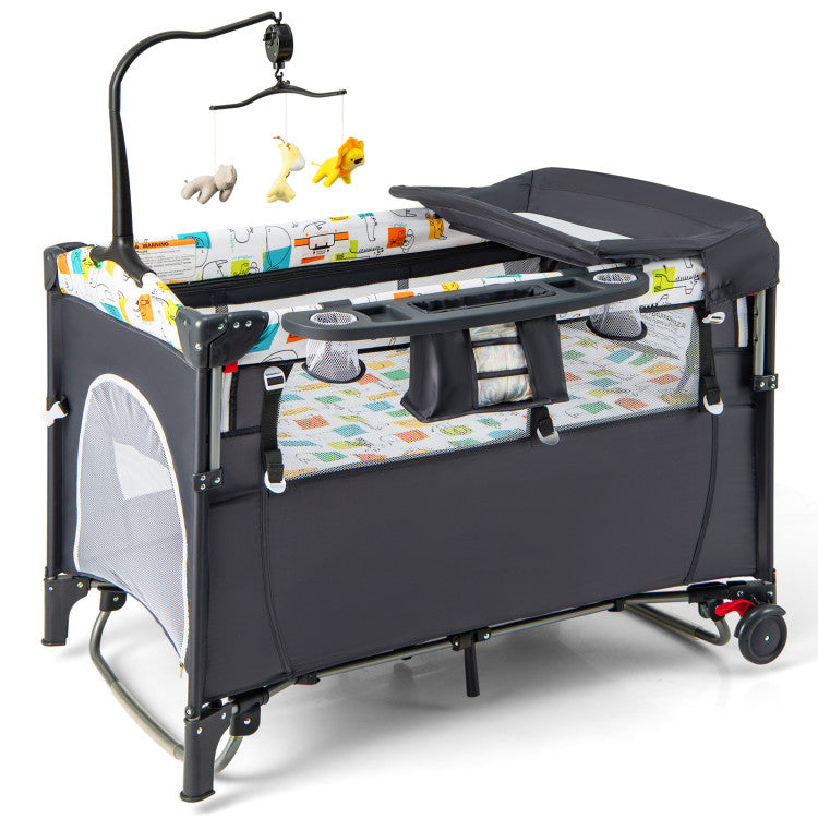 5-in-1 Foldable Baby Playpen Bedside Crib with Music Box