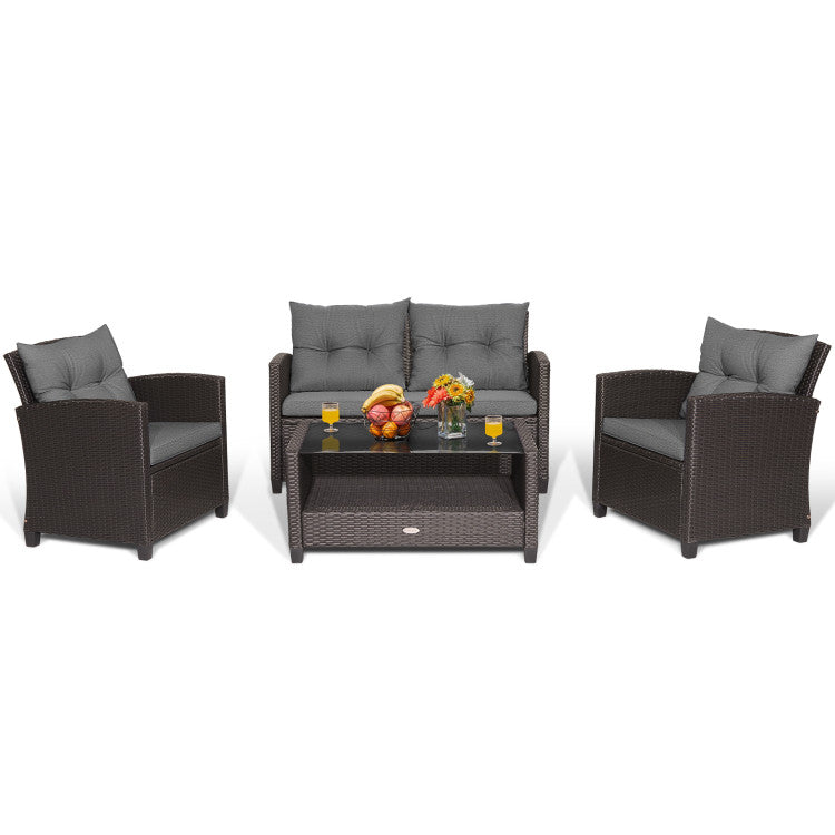 4 Pieces Patio Rattan Conversation Furniture Set with Glass Top Coffee Table