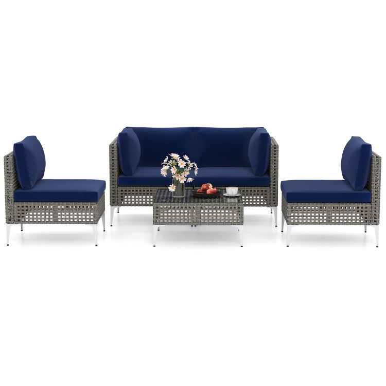 5 Piece Outdoor Furniture Set Patio Rattan Chairs with Tempered Glass Coffee Table