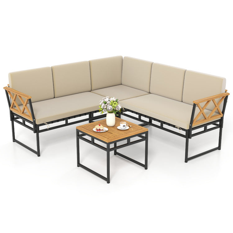 Outdoor 4 Pieces Patio L-Shaped Sofa Set with Cushions and Side Table