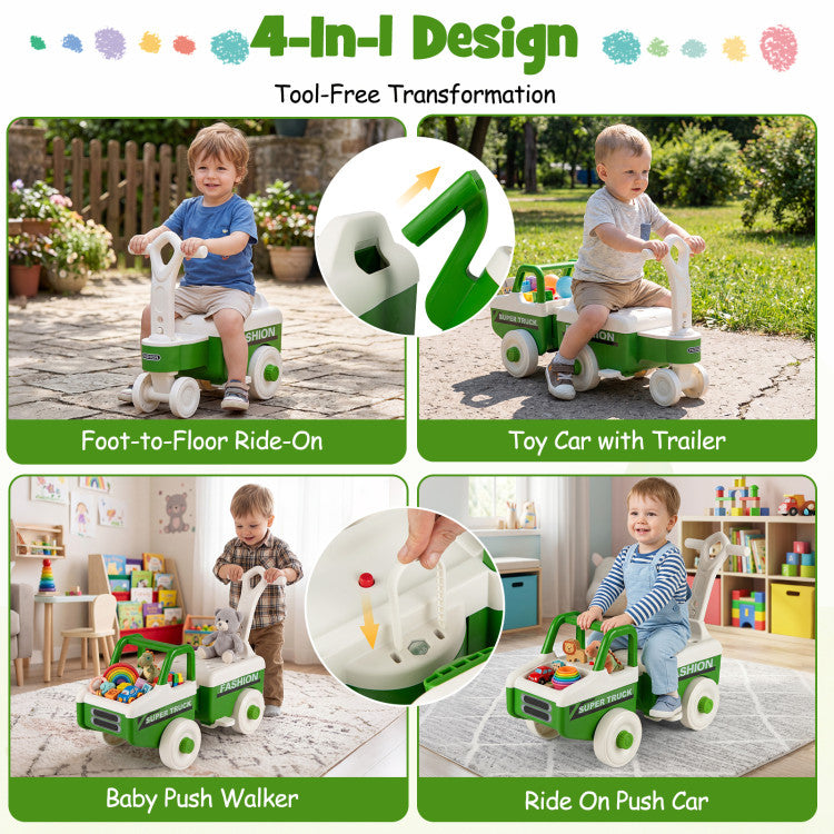 New Toddler 4 in 1 Ride on Push Car with Music and Under-Seat Storage for Boys Girls
