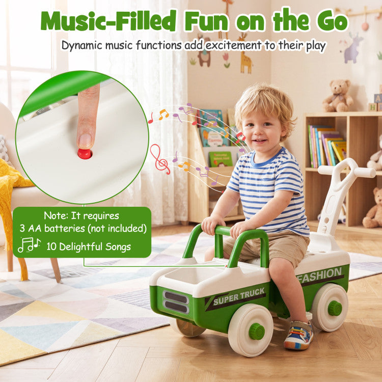 New Toddler 4 in 1 Ride on Push Car with Music and Under-Seat Storage for Boys Girls