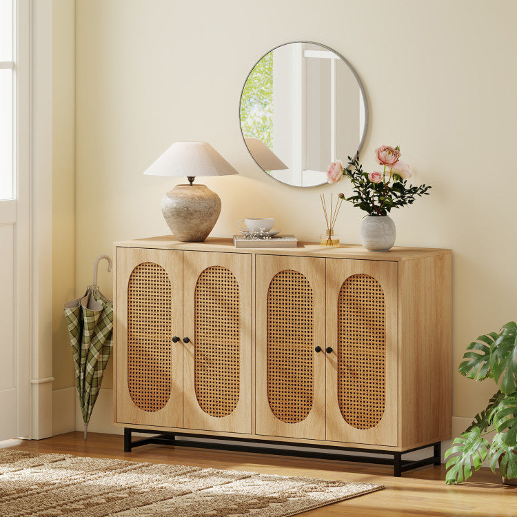 Home 50 Inch Buffet Sideboard Cabinet with 4 Rattan Doors and Adjustable Shelves