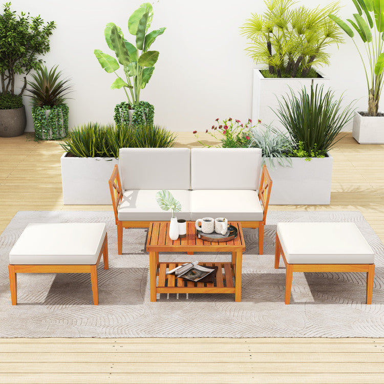 Outdoord 5 Pieces Acacia Wood Patio Chaise Lounge Chair Set with Ottoman and Cushions