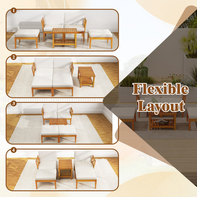 Outdoord 5 Pieces Acacia Wood Patio Chaise Lounge Chair Set with Ottoman and Cushions
