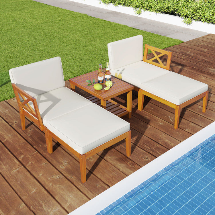 Outdoord 5 Pieces Acacia Wood Patio Chaise Lounge Chair Set with Ottoman and Cushions