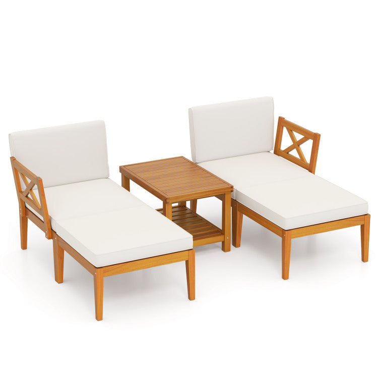 Outdoord 5 Pieces Acacia Wood Patio Chaise Lounge Chair Set with Ottoman and Cushions