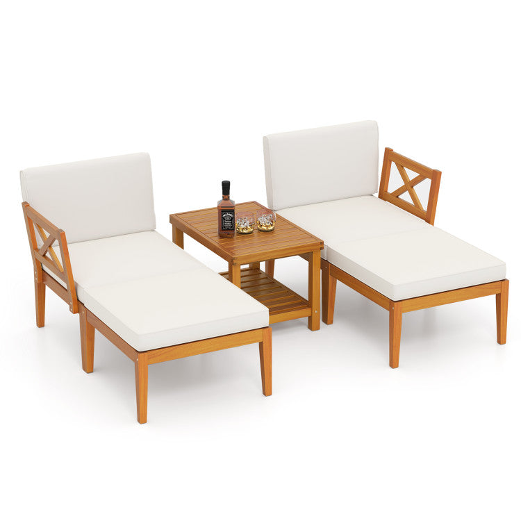 Outdoord 5 Pieces Acacia Wood Patio Chaise Lounge Chair Set with Ottoman and Cushions
