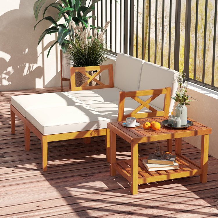 Outdoord 5 Pieces Acacia Wood Patio Chaise Lounge Chair Set with Ottoman and Cushions