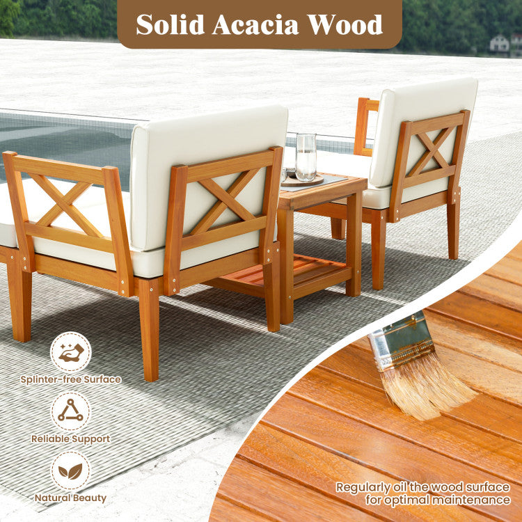 Outdoord 5 Pieces Acacia Wood Patio Chaise Lounge Chair Set with Ottoman and Cushions