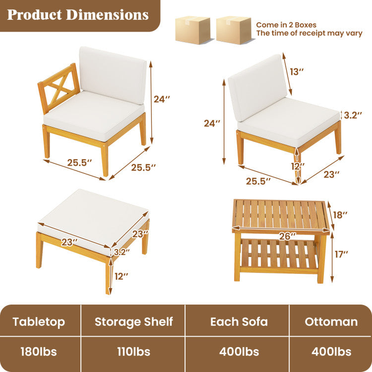 Outdoord 5 Pieces Acacia Wood Patio Chaise Lounge Chair Set with Ottoman and Cushions
