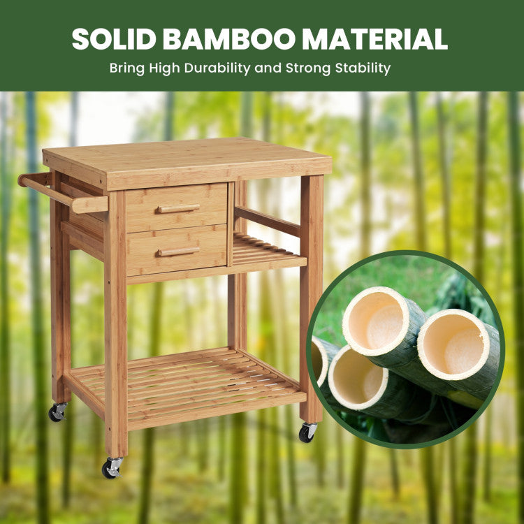 Modern Bamboo Kitchen Trolley Cart with Tower Rack and Drawers