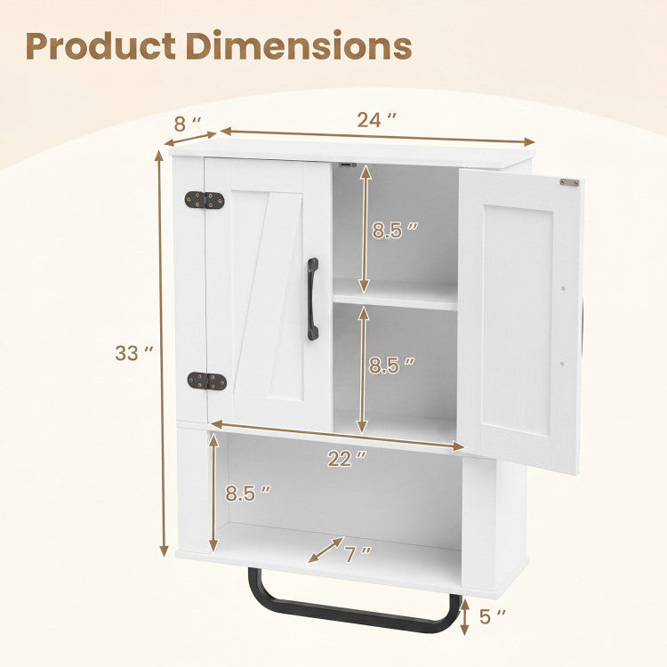 New Bathroom Wall Cabinet with 2 Barn Doors and Towel Bar and 3-Tier Wooden Storage