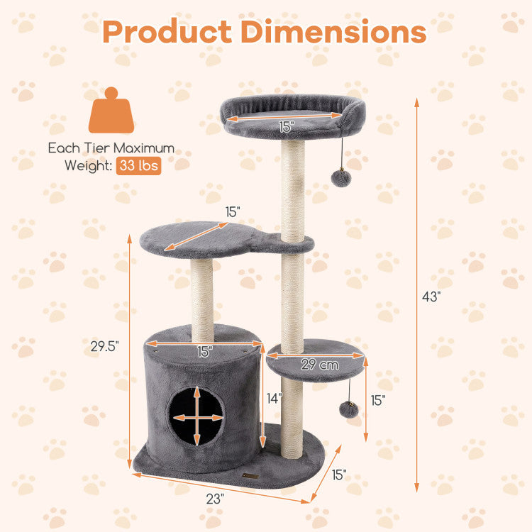 New 43" Cat Tree for Indoor Cats with Comfy Plush Perches and Sisal Scratching Posts