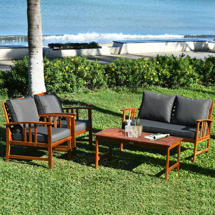 Outdoor 4 Pieces Wooden Patio Sofa Chair Set with Cushion