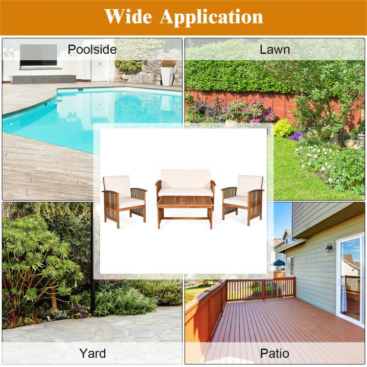 Outdoor Acacia Wood 4 Pieces Patio Solid Wood Furniture Set with Water Resistant Cushions