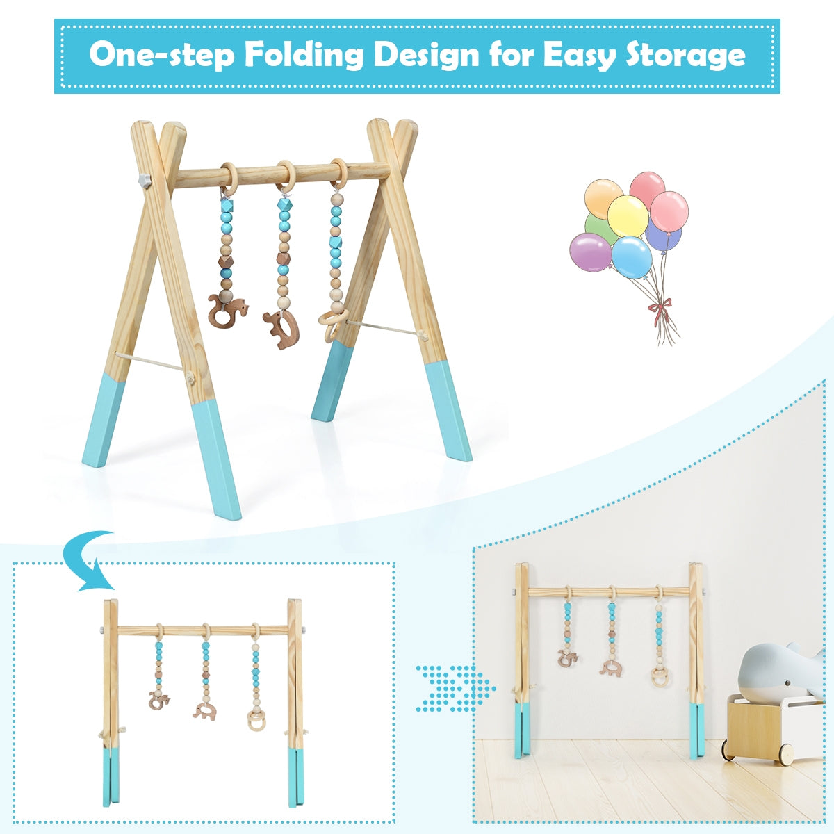 Wooden Baby Play Center with 3 Hanging Toys