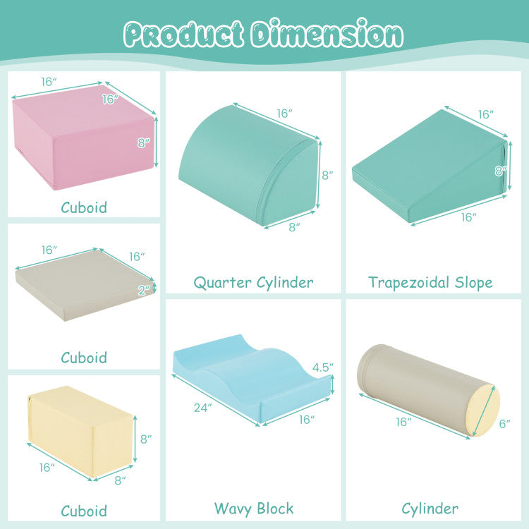 7-Piece Soft Play Equipment with Zippered PU Cover Indoor Foam Climbing Blocks