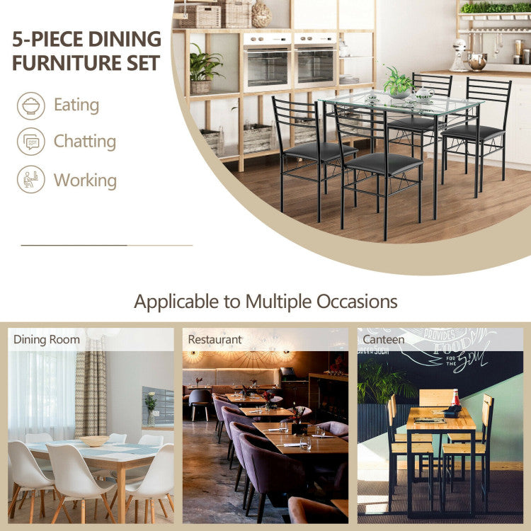 Modern 5 Pieces Dining Set with Tempered Glass Top Table and 4 Upholstered Chairs