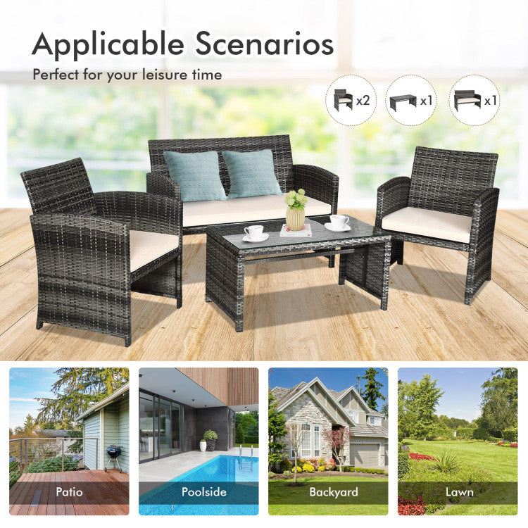 Outdoor 4 Pieces Patio Rattan Furniture Set with Glass Table and Loveseat