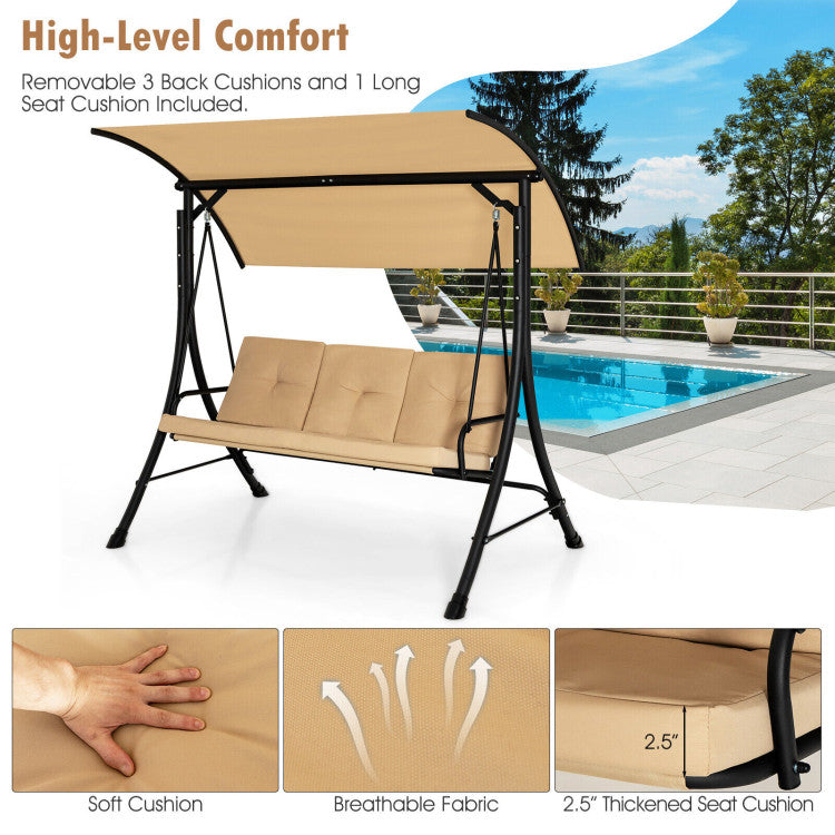 Outdoor 3-Seat Outdoor Porch Swing with Adjustable Canopy and Padded Cushions