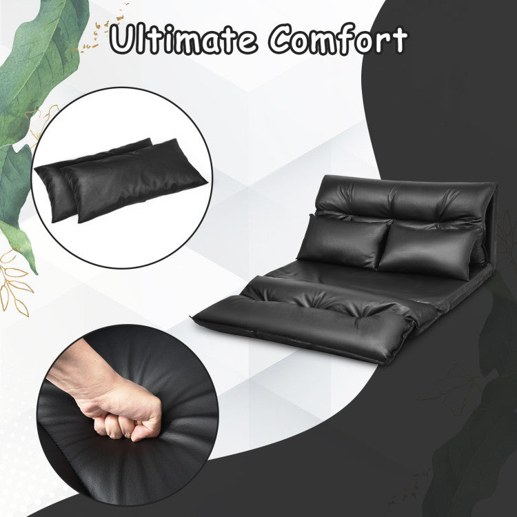 Home Foldable PU Leather Leisure Floor Sofa Bed with 2 Pillows