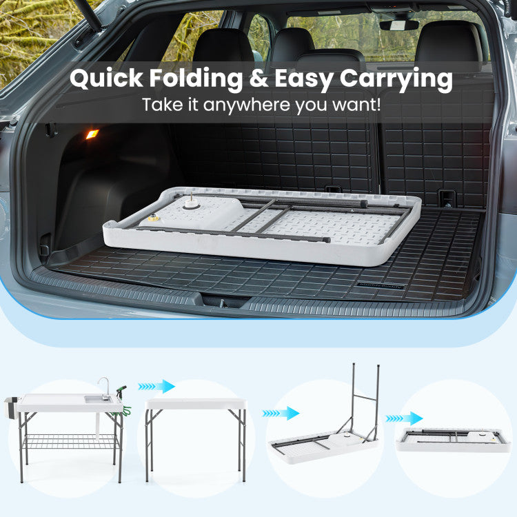 New Outdoor 2 in 1 Folding Fish Cleaning Table with Sink and Faucet for Patio BBQ