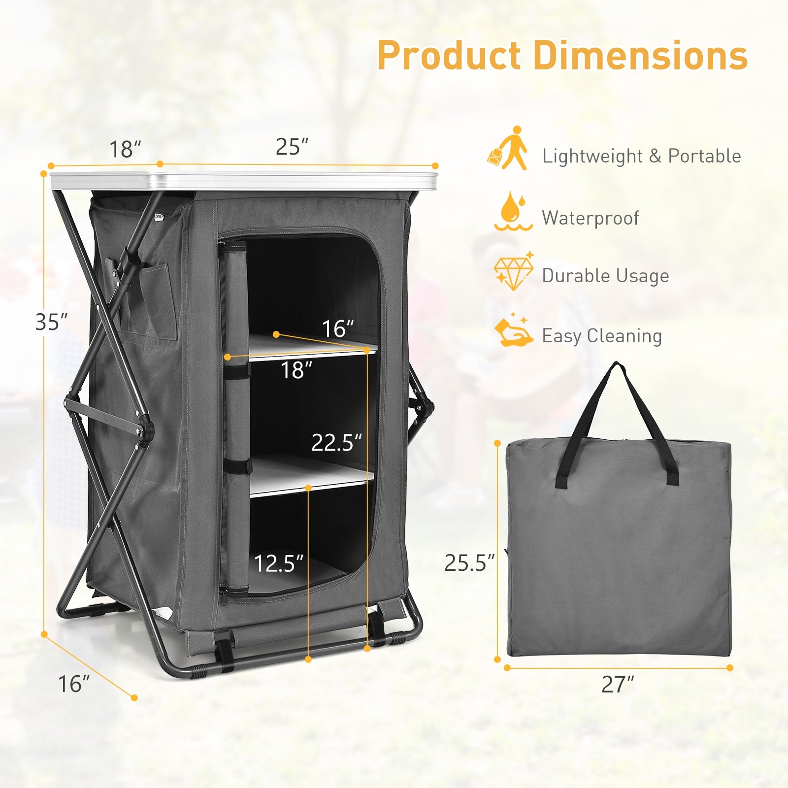 Outdoor Folding Camping Storage Cabinet with 3 Shelves and Carry Bag