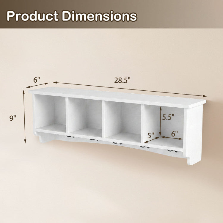 New Wall-Mounted Wooden Shelf Coat Rack with 4 Cubbies and 5 Double Hooks