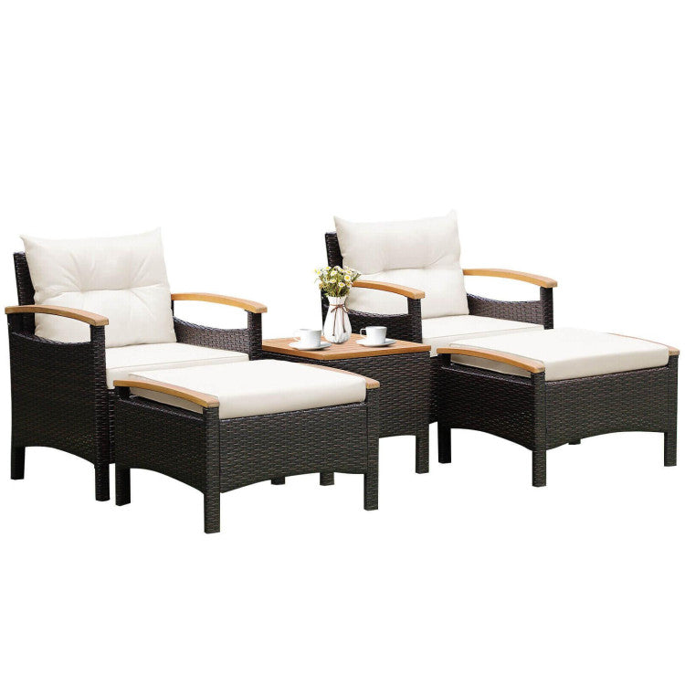 Outdoor 5 Pieces Patio Conversation Set with Cushions Coffee Table and 2 Ottomans
