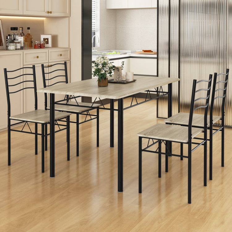 Modern 5 Pieces Wood Metal Dining Table Set with 4 Chairs