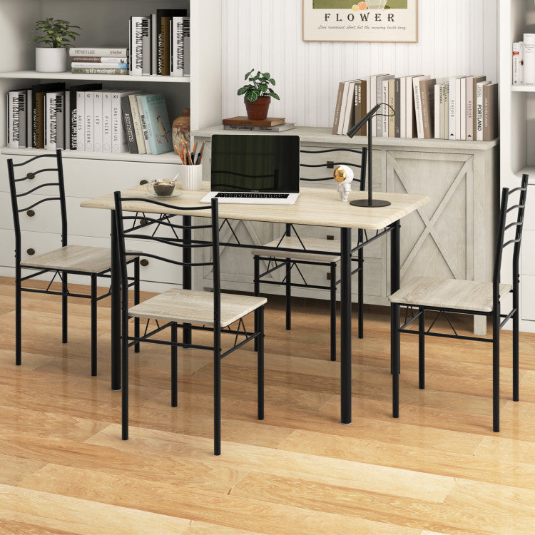 Modern 5 Pieces Wood Metal Dining Table Set with 4 Chairs