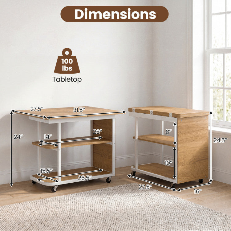 New Mobile Night Stand with Foldable Swivel Top and 2-Tier Shelf for Small Spaces