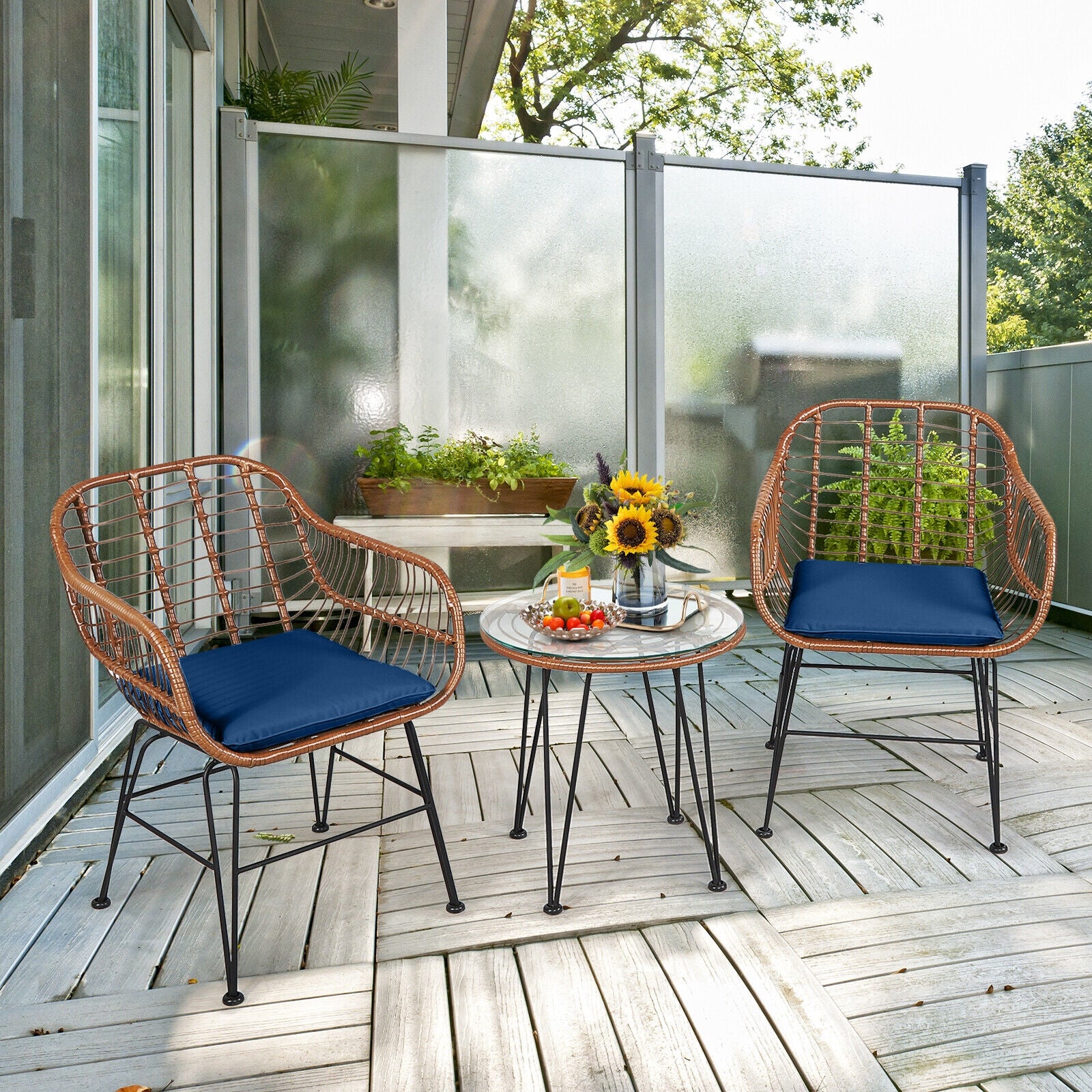 3 Pieces Patio Rattan Bistro Set with Cushion