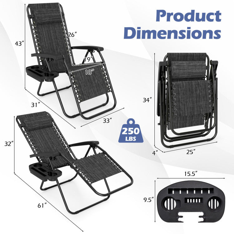 New Set of 2 Portable Zero Gravity Chairs with Cup Holder Trays and Backrest Set of 2