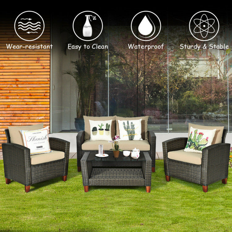 Outdoor 4 Pieces Patio Rattan Furniture Set with Cushions