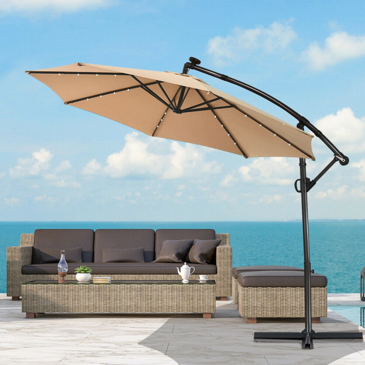 Outdoor 10 Feet 360° Rotation Solar Powered LED Patio Offset Umbrella without Weight Base